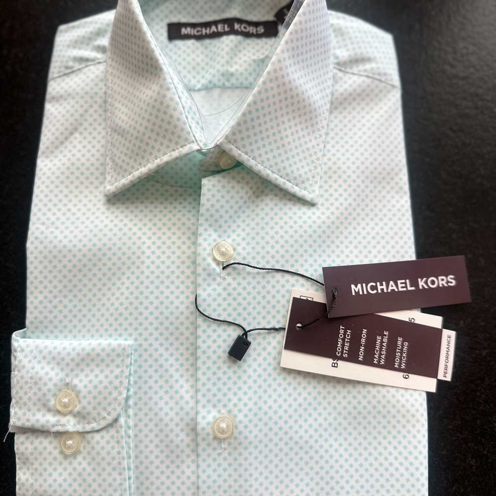 Michael Kors Boys Dress Shirt Size 14; lt cream and tealish blue diamond print